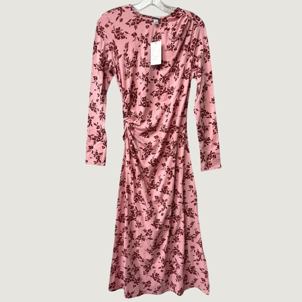 A New Day Long Sleeve Floral Midi Bodycon Dress Womens Small Pink NWT Ruched